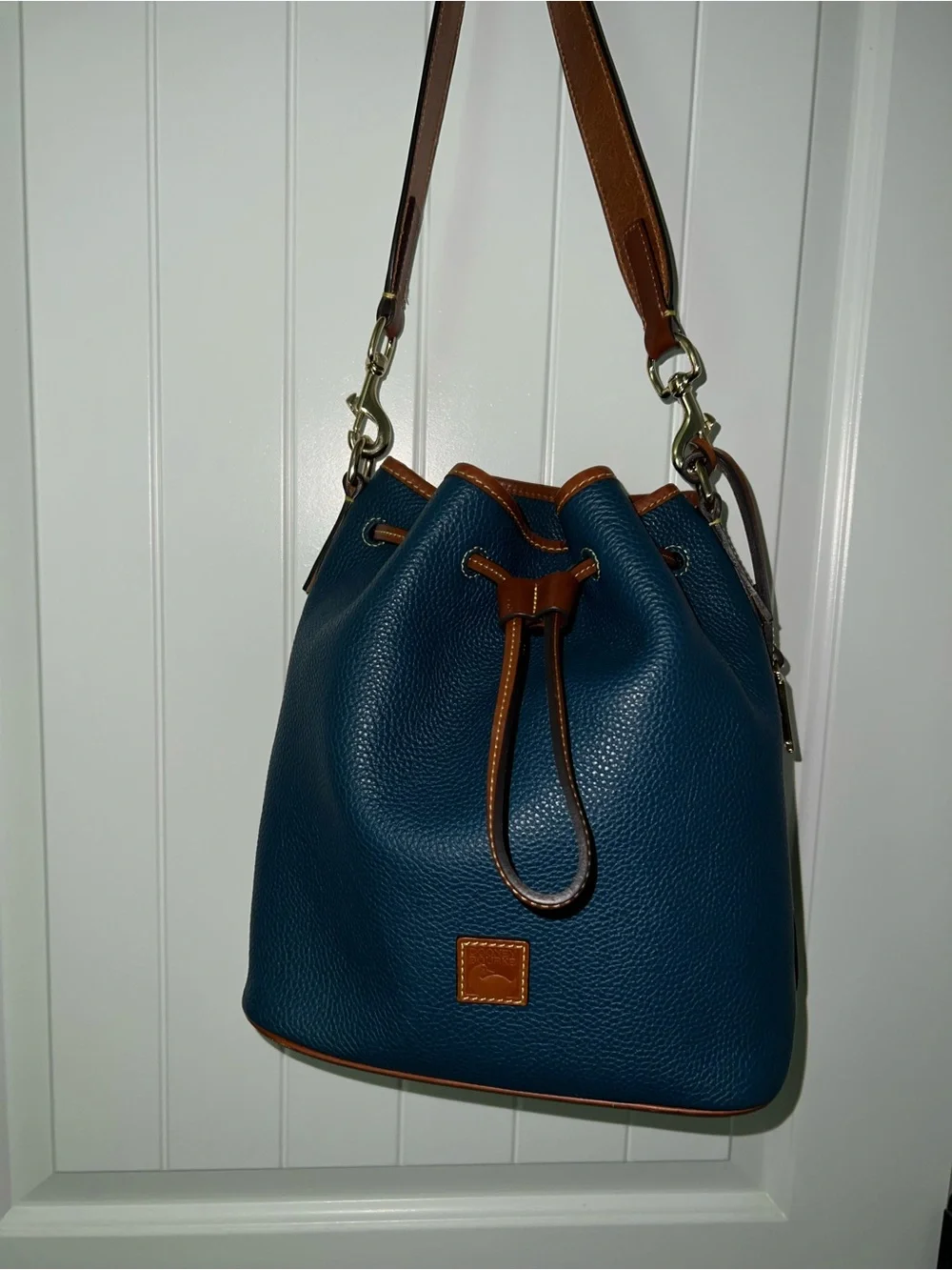 Dooney & Burke Women’s Jeans Blue Drawstring Bucket Bag with Tan Trim